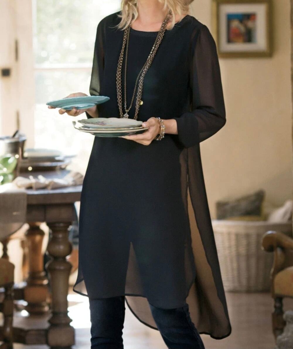 Soft Surroundings Tunic Top Women XL Black Sheer Hem & Sleeves Lined Lagenlook